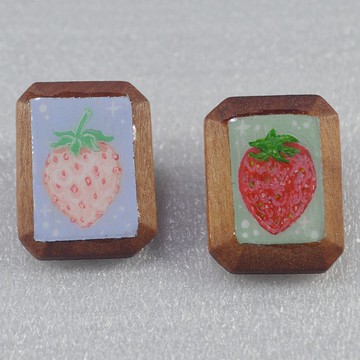 四季 雙色草莓 奶油草莓原木長方形小畫框造型藝術耳環 手繪木製