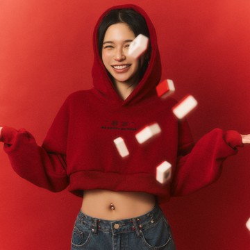 今年目標是財富自由；暴富刺繡短版連帽T #R1730421  紅紅火火