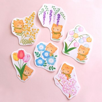 可愛小貓 Puni 的花朵貼紙，內含 6 枚