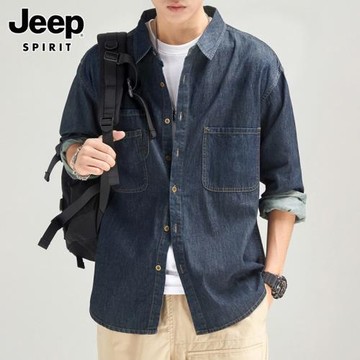 JEEP SPIRIT男士長袖襯衫春季復古翻領寸衫潮流牛仔襯衣外套男裝