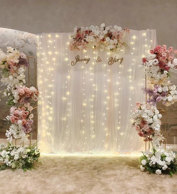 浪漫輕奢紗幔送客背板-絹布花柱花藝+頂花花藝設計