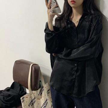 秋裝鬼馬少女暗黑系亞光寬松長袖襯衫上衣中長款百搭休閑襯衣1入