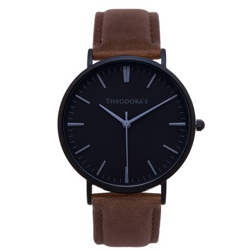 Hera 簡約中性款真皮腕錶 黑面-真皮深棕