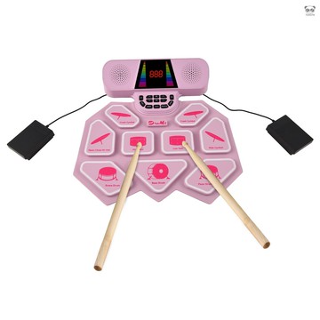 DM300 粉色 雙喇叭彩色電子鼓 超厚打擊墊 矽膠手卷電子鼓 9個鼓墊 帶鼓槌腳踏板 /MIDI/幻彩燈功能 內置可充