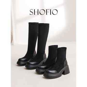 2025秋冬超火新款百搭顯瘦長筒靴厚底彈力靴黑色長靴加絨高筒靴女