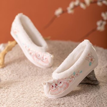 漢服鞋女冬民族風加絨內增高繡花鞋可愛明制古風翹頭珍珠棉布鞋女