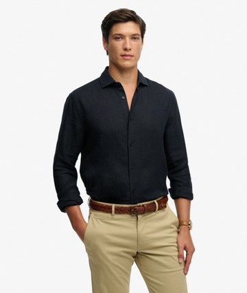 Superdry Men's Riviera Long Sleeve Linen Shirt Navy Size: M