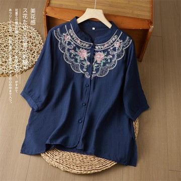 【台灣出貨】新中式復古襯衫 棉麻刺繡 夏季新款 五分袖上衣 薄款透氣 親膚舒適 寬鬆遮肉顯瘦 文藝氣質日常穿搭