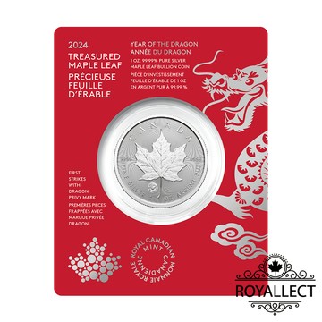 [皇家典藏] Canadian Mint 2024加拿大-楓葉-龍標記版-1盎司銀幣(普鑄)(卡裝)(首發版)