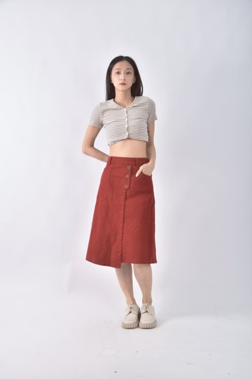 (M) 丹寧牛仔開衩紅色長裙