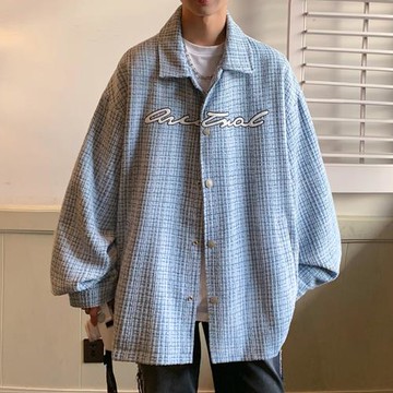 小香風格子外套男ins港風chic復古呢料上衣秋季潮流寬松翻領夾克