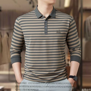 【秋冬新款 長袖Polo 工作服 寬鬆大碼 長袖t】男士秋季条纹T恤帅气新款长袖商务休闲T恤带领长袖polo衫条纹上衣