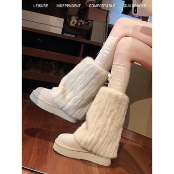 真皮版~ 內增高冰島雪地靴女秋冬新款厚底中筒毛毛靴防滑加絨棉鞋