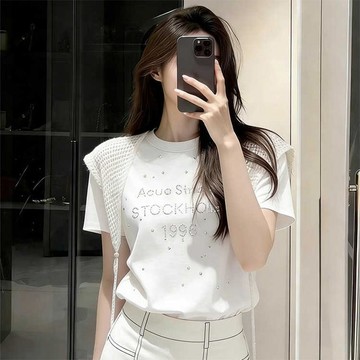 白色重工字母燙鑽T恤女時尚夏季新款小衆不撞款寬鬆百搭圓領上衣
