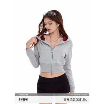 (免運)ICH MODE 美式修身短款綠色外套女2026新款春季運動連帽衛衣開衫