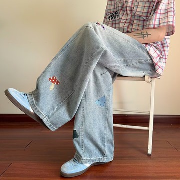 秋季新款休閒百搭寬鬆長褲男時尚潮流藍色牛仔褲男