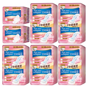 whisper 好自在 AirDry 雲枕瞬吸量大組 20片 5包 + 12片 2包  1套  124片  28cm + 18cm