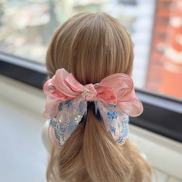 獨家蕾絲歐根紗蝴蝶結相交夾香蕉夾仙女夾髮夾-藍橘色