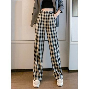 格子闊腿褲女春夏2025年新款高腰垂感高個子褲子寬松拖地直筒褲潮