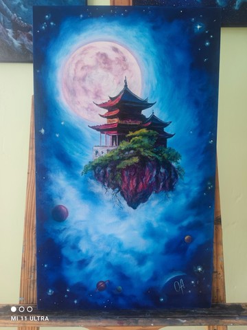 超現實風格的原創油畫佛教寺廟。