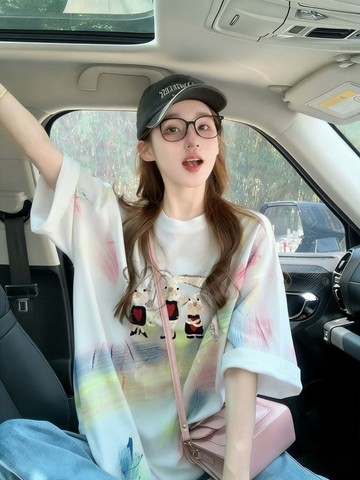 獨特撞色潑墨純棉寬鬆T卹女美式復古兔子印花休閒中長百搭上衣 AJ564