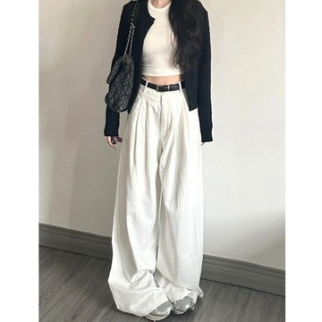 牛仔褲美式高街褶皺白色高腰闊腿牛仔褲女春秋寬鬆百搭顯瘦垂感拖地長褲 簡約白色小衆美式復古秋季牛仔褲 矮個子褲子
