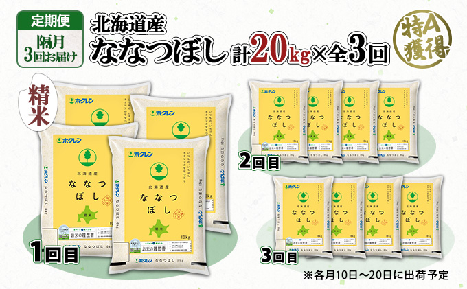 定期便 隔月3回 北海道産 ななつぼし 精米 20kg 5kg×4袋 米 新米 特A 白米 お取り寄せ ごはん 道産米 ブランド米 まとめ買い お米 ホクレン 北海道 倶知安町 