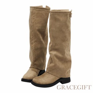 【Grace Gift】穿搭利器2way可拆式褲管堆堆長靴 卡其
