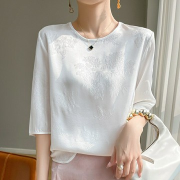 【巴黎精品】緞面T恤七分袖上衣-提花絲質內搭輕奢女裝3色a1iz60