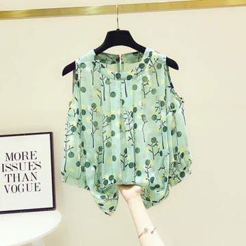 甜美碎花雪紡衫夏季新款圓領露肩泡泡袖設計感韓版印花上衣女