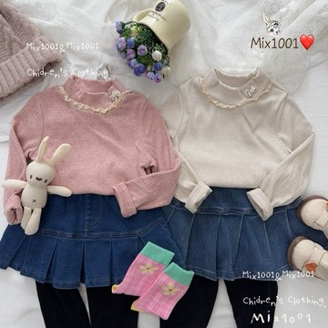 🌈✨mix1001小立領 坑條彈性蝴蝶結緹花內搭上衣✨兒童搭配首選質感上衣 5-17