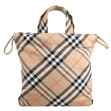 BURBERRY 8100211 英式格紋尼龍混紡直式束口手提包.卡其