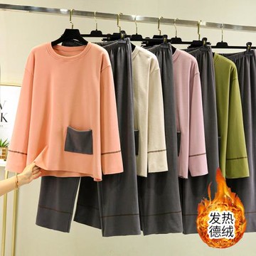 德絨保暖口袋家居服女冬季休閑加絨長袖長褲寬松加厚圓領睡衣套裝
