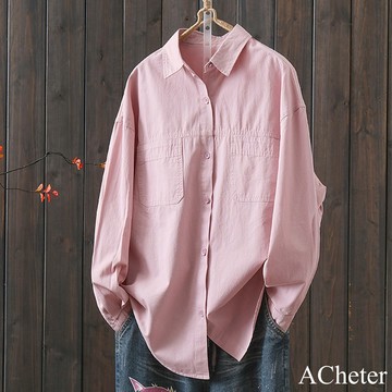 【ACheter】棉襯衫翻領休閒百搭寬鬆顯瘦韓版文藝長袖中長版上衣# 120719(現貨+預購)