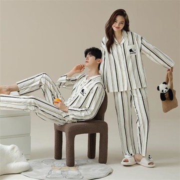 【巴黎精品】睡衣套裝長袖居家服-純棉條紋熊貓情侶男女休閒服2款w1ad58