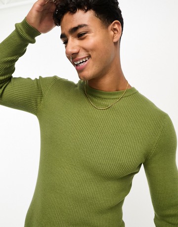 ASOS DESIGN muscle fit knitted essential rib jumper in khaki-Green