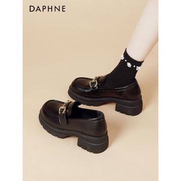 (免運)達芙妮黑色增高樂福鞋女加絨爆款厚底冬2026新款一腳蹬春秋小皮鞋