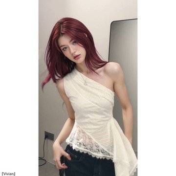 蕾絲純欲斜領露肩無袖背心女夏季修身顯瘦上衣辣妹