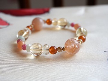 【K18 珠粒】橘色摩根石、橘色柘榴石、金紅石、橘月光石、美麗天然石設計手鍊