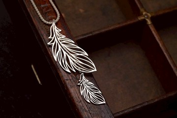 925 純銀雙羽毛吊咀(P357)連SN2/18吋銀鏈 -  手作