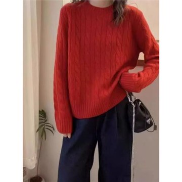 時尚朗姿2025冬季新款韓系麻花純羊絨衫女加厚圓領短款毛衣打底衫