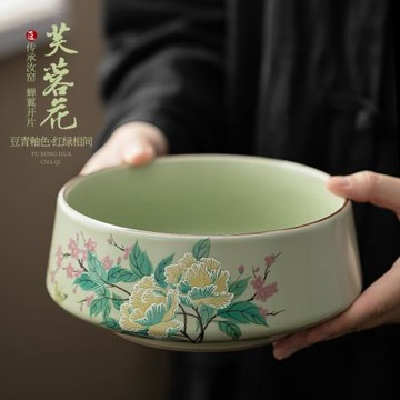 豆綠汝窯芙蓉花茶洗陶瓷茶渣缸水盂杯洗大容量茶水桶陶瓷茶具配件