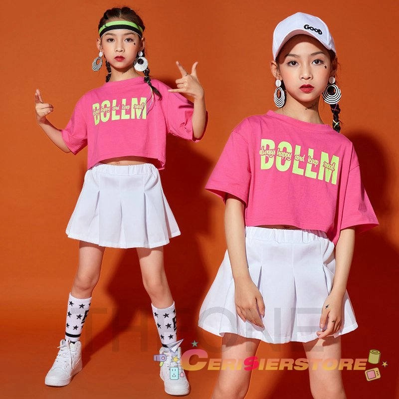 ダンス衣装 キッズ HIPHOP 韓国 男の子 女の子 ピンク トップス スカート 白 ジャズダンス チアガール チア へそ出し 練習着 通販  LINEポイント最大GET | LINEショッピング