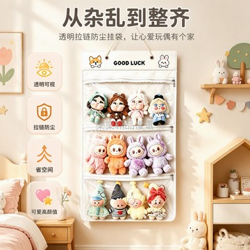 桃園出貨 白色粉色三层透明視窗毛絨公仔防塵掛袋門後牆面收納置物架