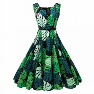 ワンピース スイングワンピース 葉柄 ドレス Vネック 年代30年代40年代50年代 お呼ばれ 結婚式 グリーン Aライン 通販 Lineポイント最大1 0 Get Lineショッピング