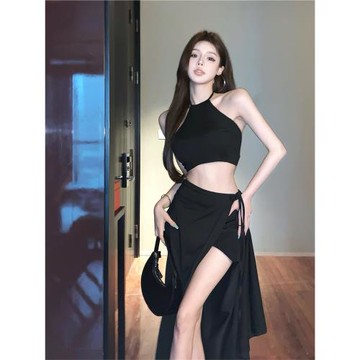 不規則系帶一片式復古開叉半身裙