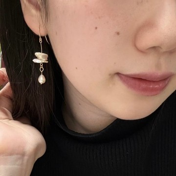 淡水珍珠耳環 雙層珍珠 小花設計 天然巴洛克珍珠 14KGF