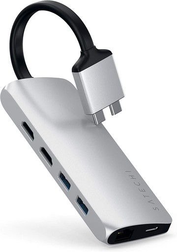 【折300+10%回饋】【日本代購】Satechi 铝 Type-C 双 多媒体适配器 4K HDMIx2, USB C PD, Gb以太网, Micro/SD 读卡器, USB 3.0 (MacBook Pro, MacBook Air 2018以后, Mac Mini2018以后适用(银色)