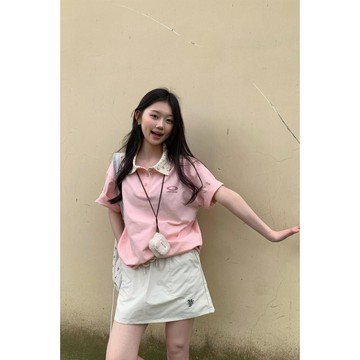 台出 上衣 短袖 POLO衫 t恤 polo領 百搭 粉色甜美碎花拼接polo領短袖t恤女夏季新款寬鬆百搭減齡上衣