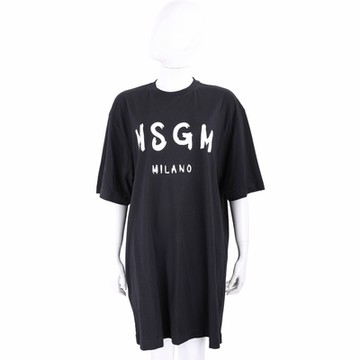 MSGM 塗鴉白字母黑色短袖長版TEE 洋裝